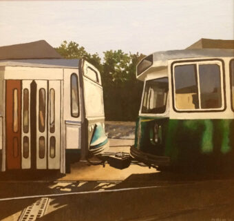 View artwork titled Streetcars in Yard