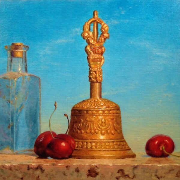 Tibetan Bell, Bottle, Cherries, Sky