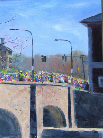 View artwork titled Runners Crossing Over the Charles