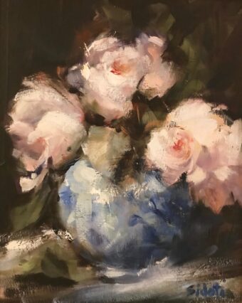 View artwork titled Opening Blooms and Blue Vase