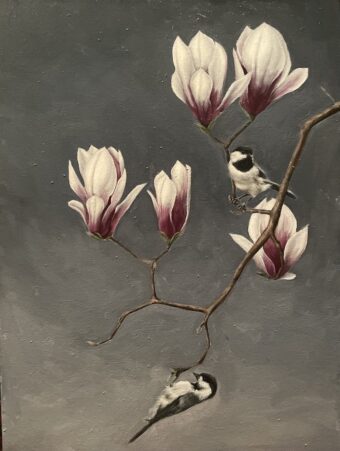 View artwork titled Magnolia with Chickadees