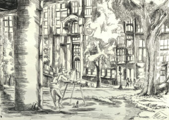 View artwork titled Plein Air Artist Drawing Under an Overpass