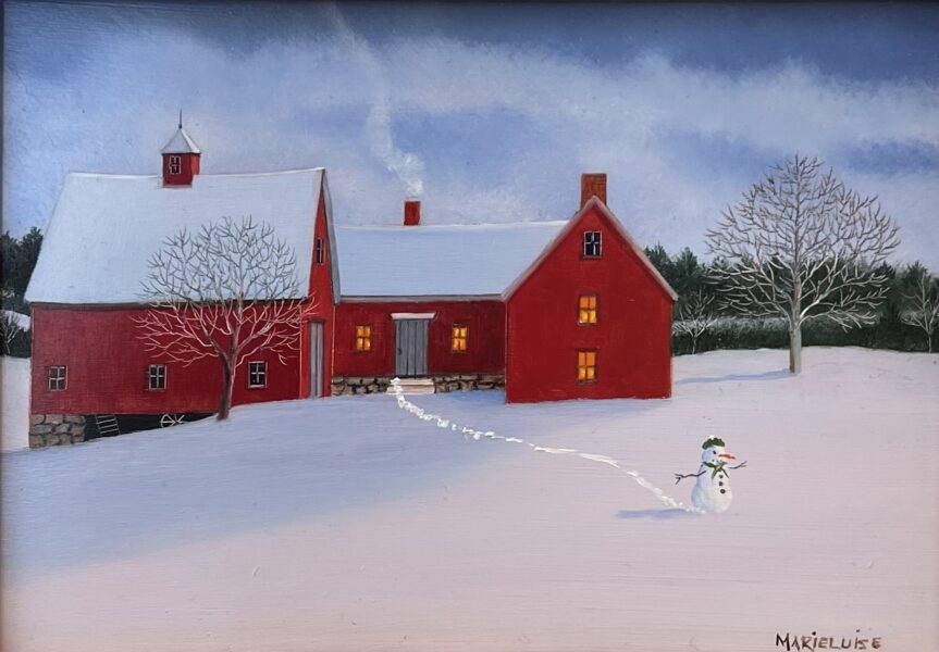 Painting of a red house with a snowman in the yard.