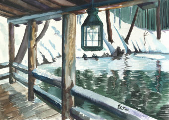 View artwork titled “Snowy Pond With Lantern in Front”