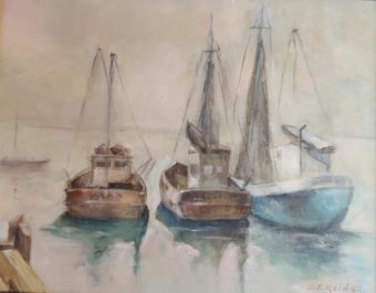 View artwork titled Fishing Boats in Fog