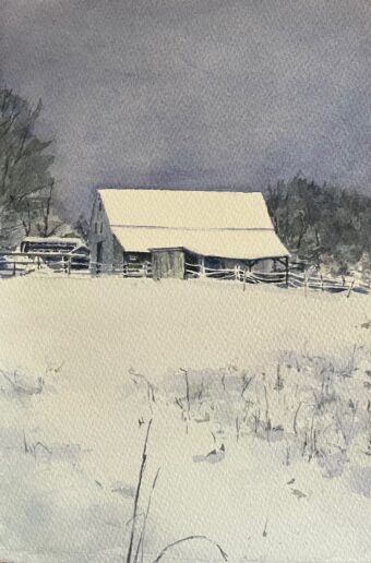 View artwork titled Winter Barn