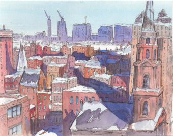 View artwork titled “Back Bay Rooftops in Snow”