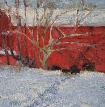 View artwork titled Red Barn With Cows