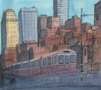 View artwork titled Red Line Train over Longfellow Bridge