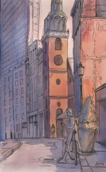 View artwork titled “Cyclist by the Old South Meeting House”
