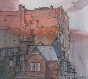 View artwork titled “Newbury Street Rooftops”