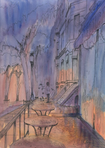 View artwork titled “Rain outside Deluca’s Market”