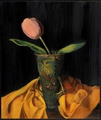 View artwork titled Roseville Vase with Pink Tulip