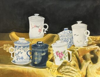 View artwork titled Teacups on Wooden Display