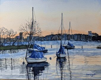 View artwork titled Community Sailboats at Sunset